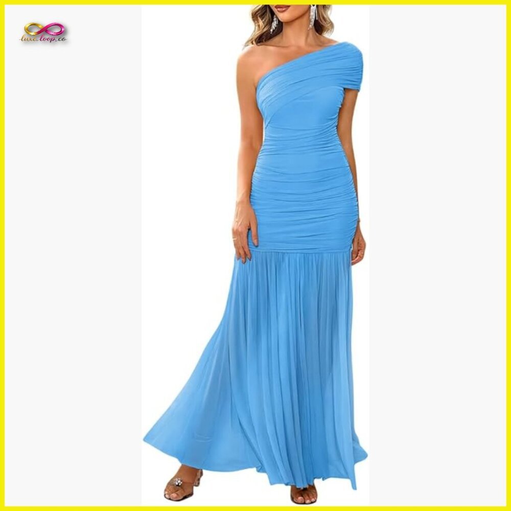 Elegant Formal Long Dress One Shoulder Sleeveless Ruched Bodycon Evening Wear